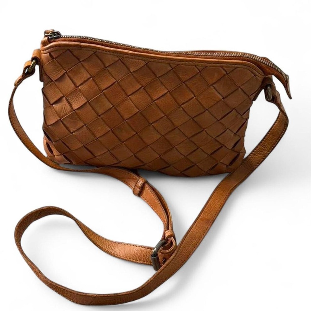 Vilenca Holland Cognac Woven Leather Crossbody Bag